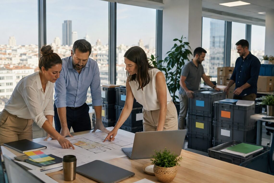 Equipo de empresa planificando una mudanza y la distribución de su nueva oficina en Madrid