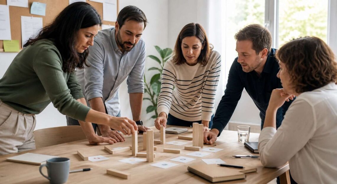 Equipo adulto resolviendo una dinámica de coordinación con material sencillo