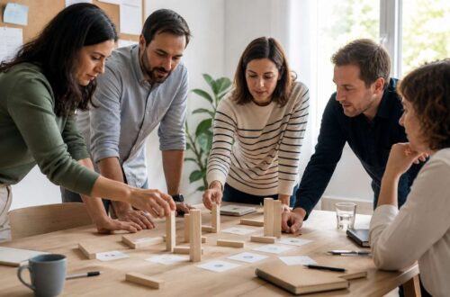 Equipo adulto resolviendo una dinámica de coordinación con material sencillo
