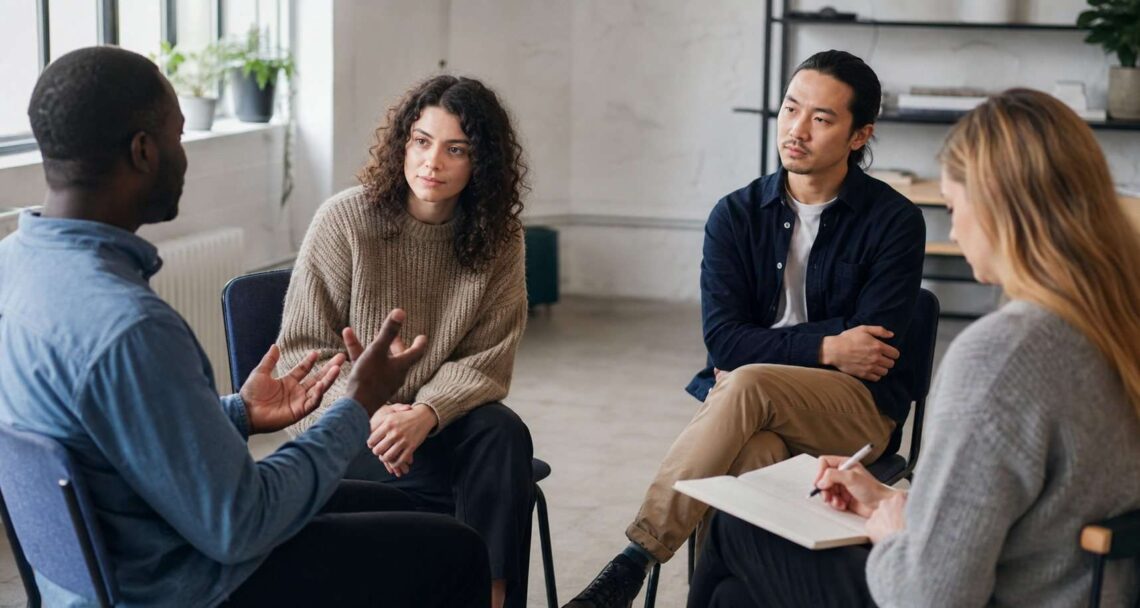 Equipo practicando escucha activa en una reunión breve