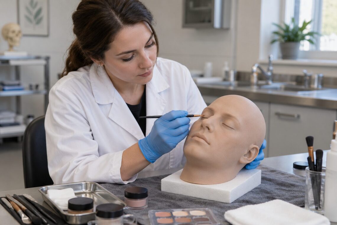 Estudiante con guantes practica maquillaje sobre una cabeza artificial de formación
