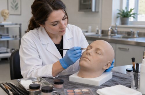 Estudiante con guantes practica maquillaje sobre una cabeza artificial de formación
