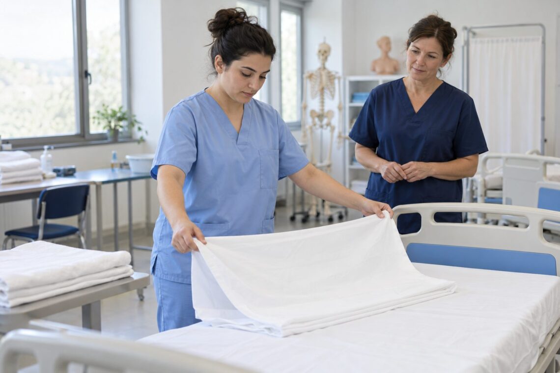 Alumna de cuidados auxiliares practica con ropa de cama bajo la supervisión de una instructora