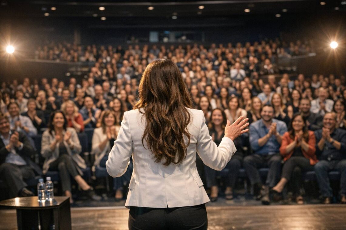 Un auditorio en el que una mujer da una conferencia motivacional, la imagen debe estar desde la perspectiva del escenario, con la mujer de espaldas en primer plano y la audiencia de fondo.
