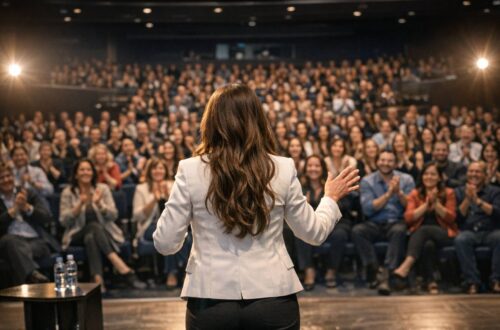 Un auditorio en el que una mujer da una conferencia motivacional, la imagen debe estar desde la perspectiva del escenario, con la mujer de espaldas en primer plano y la audiencia de fondo.